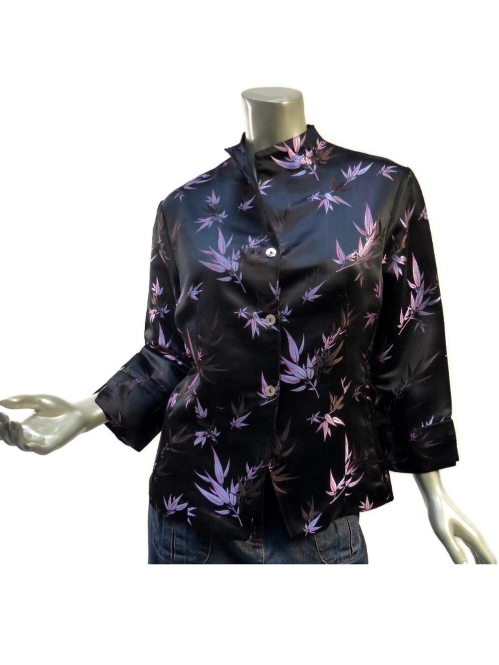 Linda Bertozzi (USA) Rayon Silk Jacquard Jacket Sz 3 Large Black Lavender Asian